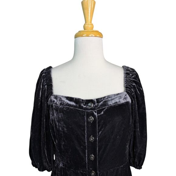 NEW J. Crew Puff Sleeve Black Velvet Midi Dress Button Front Womens 10 BD492 - Picture 5 of 15